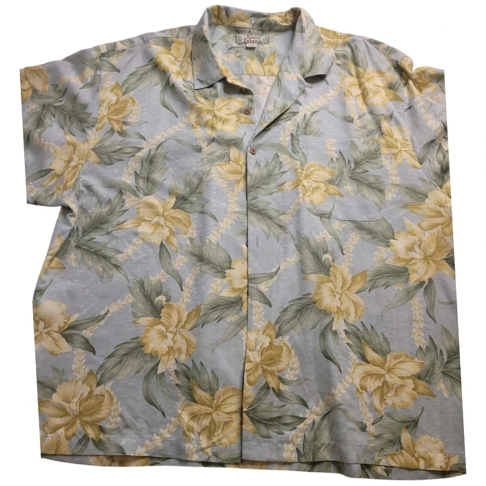 Tommy Bahama‎ Hawaiian Button Down Shirt Blue Floral Print 100% Silk Men XXL